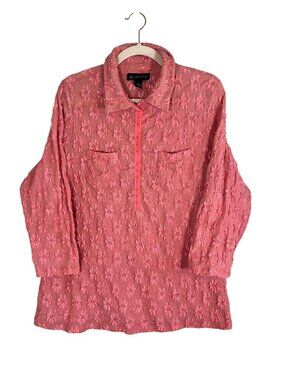 Colorful Floral Shirt Pink 2X Cottage Henley Feminine Textured Chic Preppy Retro